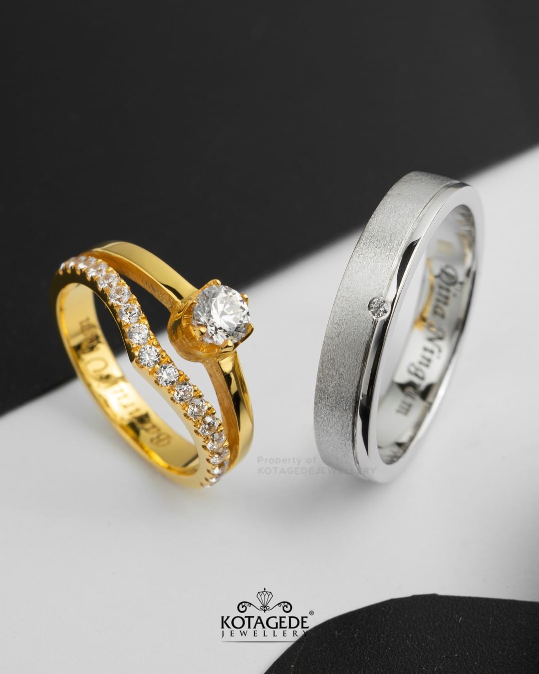 Cincin Kawin Tunangan Platidium Emas Kuning Solitaire Half Eternity PTD0677YG